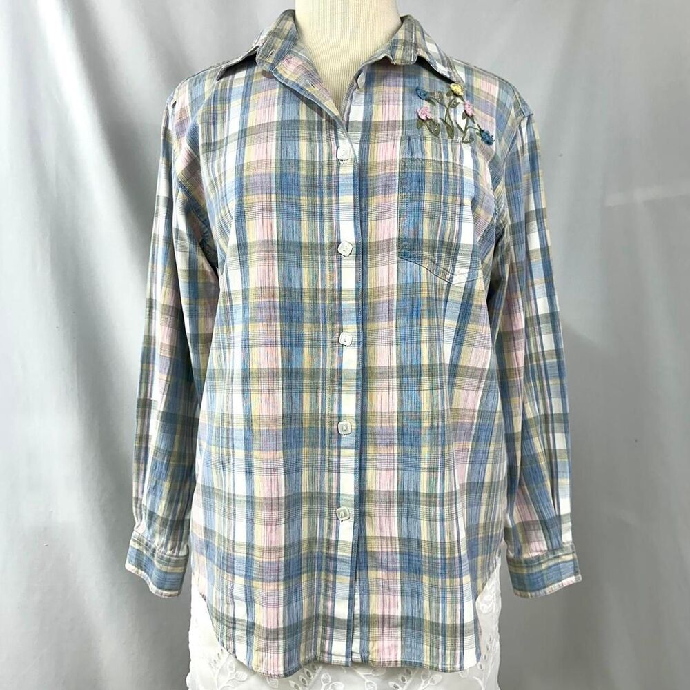 LEMON GRASS VTG 90s Pastel‎ Plaid Button Shirt Womens M Embroidery Cottage Fairy